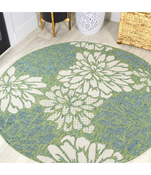Zinnia Modern Floral Textured Weave Cream/Green 5' Round Indoor/Outdoor Area Rug