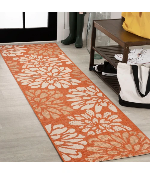 Zinnia Modern Floral Textured Weave Orange/Cream 2 ft. x 8 ft. Indoor/Outdoor Runner Rug