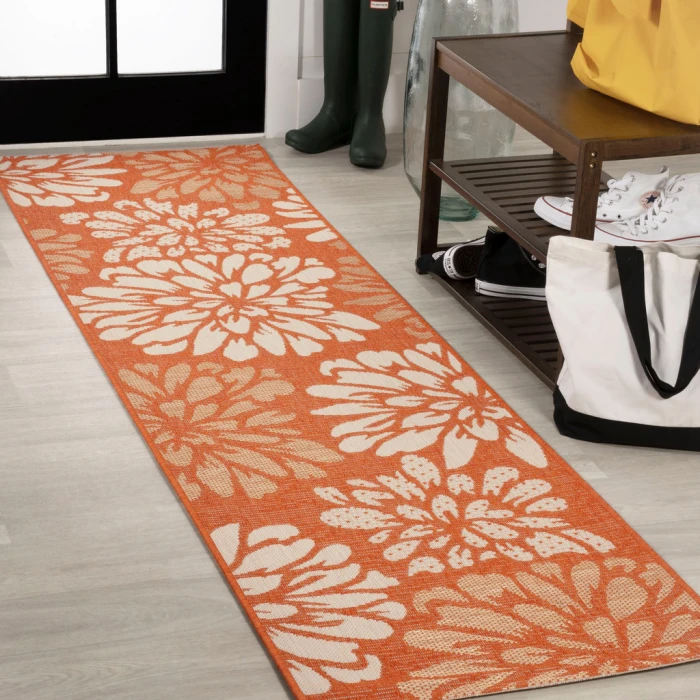 Zinnia Modern Floral Textured Weave Orange/Cream 2 ft. x 8 ft. Indoor/Outdoor Runner Rug