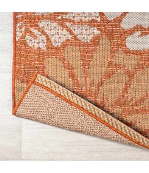 Zinnia Modern Floral Textured Weave Orange/Cream 5' Square Indoor/Outdoor Area Rug