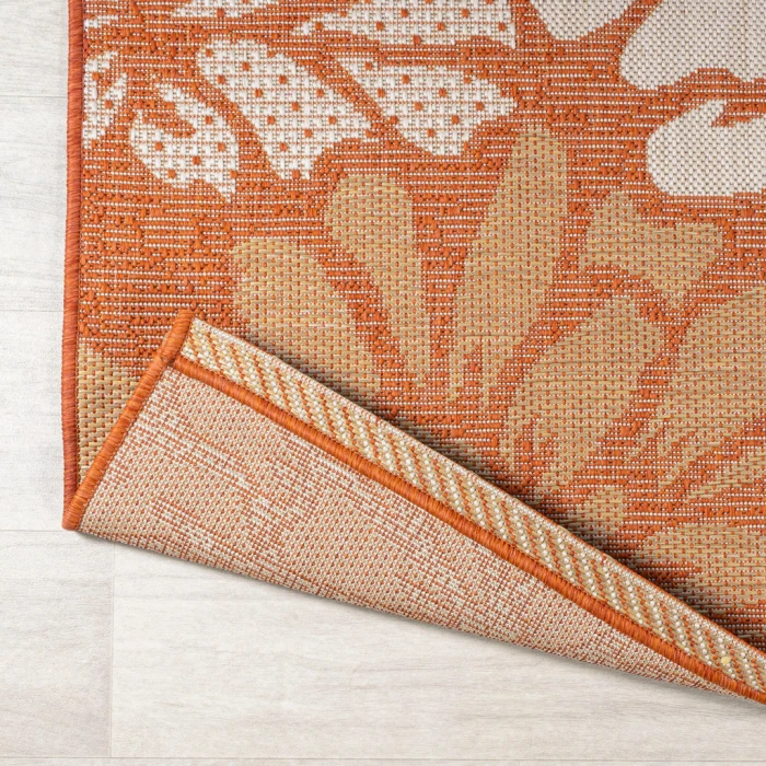 Zinnia Modern Floral Textured Weave Orange/Cream 5' Round Indoor/Outdoor Area Rug