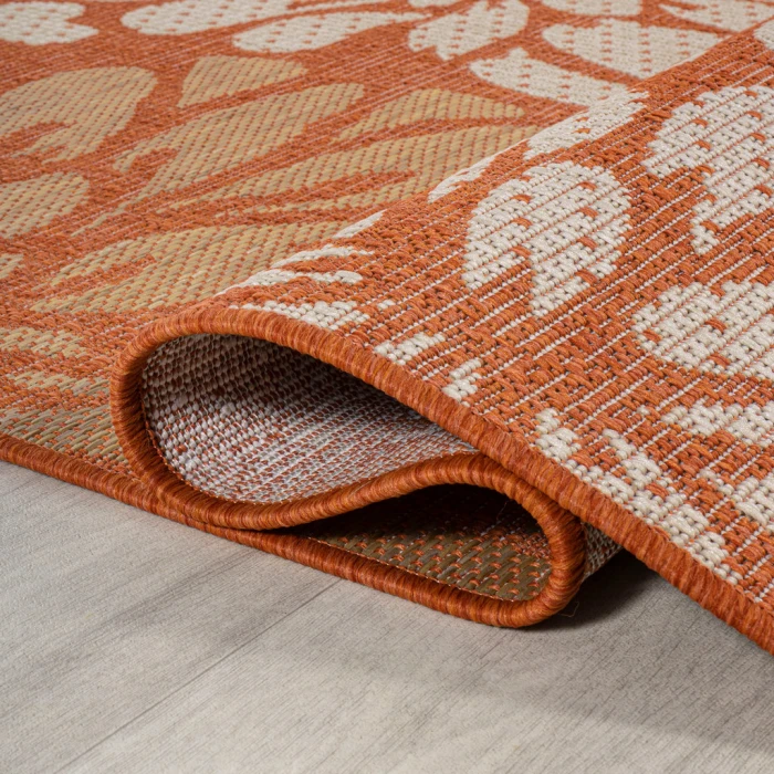 Zinnia Modern Floral Textured Weave Orange/Cream 5' Round Indoor/Outdoor Area Rug