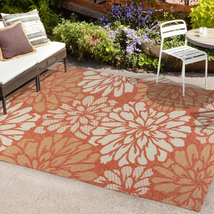 Zinnia Modern Floral Textured Weave Orange/Cream 9 ft. x 12 ft. Indoor/Outdoor Area Rug