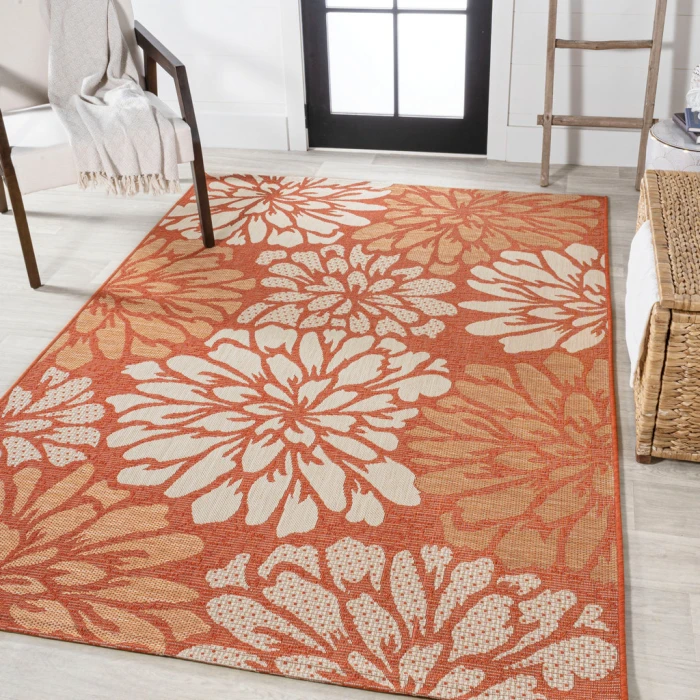 Zinnia Modern Floral Textured Weave Orange/Cream 9 ft. x 12 ft. Indoor/Outdoor Area Rug