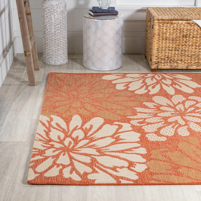 Zinnia Modern Floral Textured Weave Orange/Cream 9 ft. x 12 ft. Indoor/Outdoor Area Rug