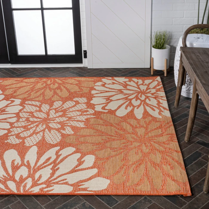 Zinnia Modern Floral Textured Weave Orange/Cream 9 ft. x 12 ft. Indoor/Outdoor Area Rug