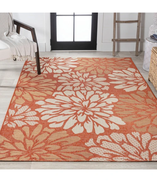 Zinnia Modern Floral Textured Weave Orange/Cream 4 ft. x 6 ft. Indoor/Outdoor Area Rug