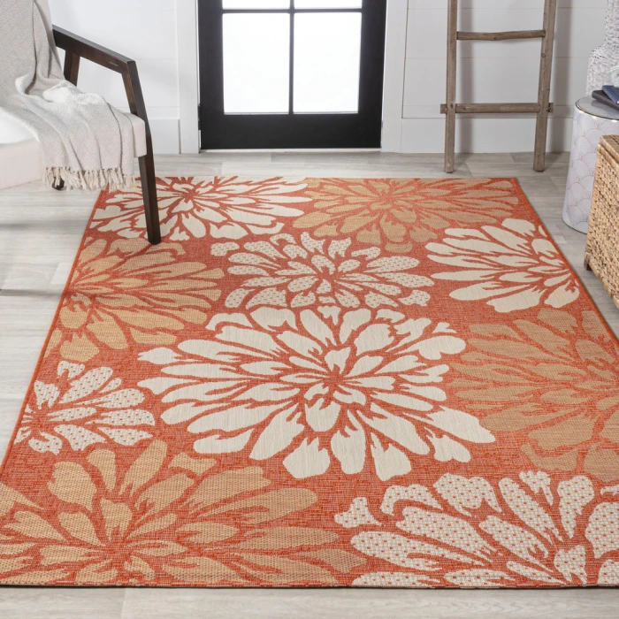 Zinnia Modern Floral Textured Weave Orange/Cream 9 ft. x 12 ft. Indoor/Outdoor Area Rug