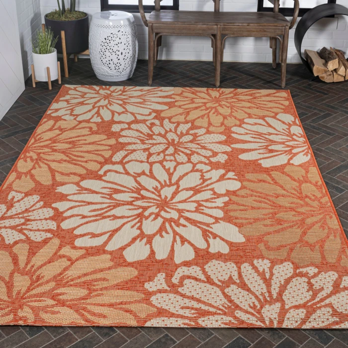Zinnia Modern Floral Textured Weave Orange/Cream 9 ft. x 12 ft. Indoor/Outdoor Area Rug