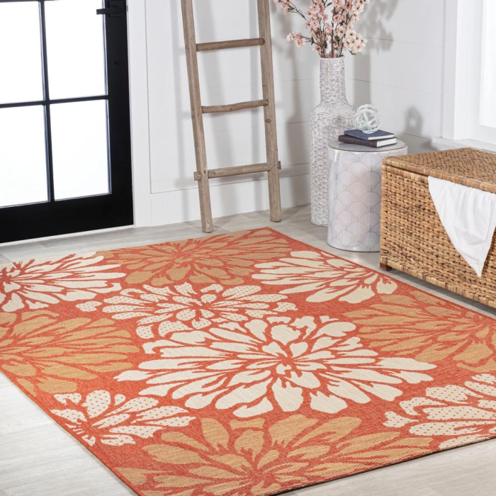 Zinnia Modern Floral Textured Weave Orange/Cream 9 ft. x 12 ft. Indoor/Outdoor Area Rug