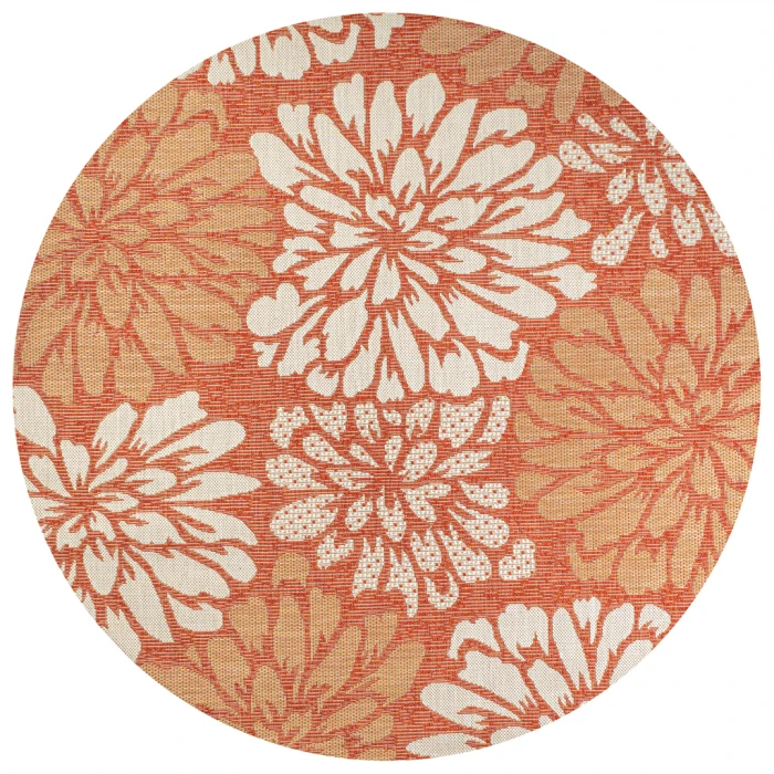 Zinnia Modern Floral Textured Weave Orange/Cream 5' Round Indoor/Outdoor Area Rug