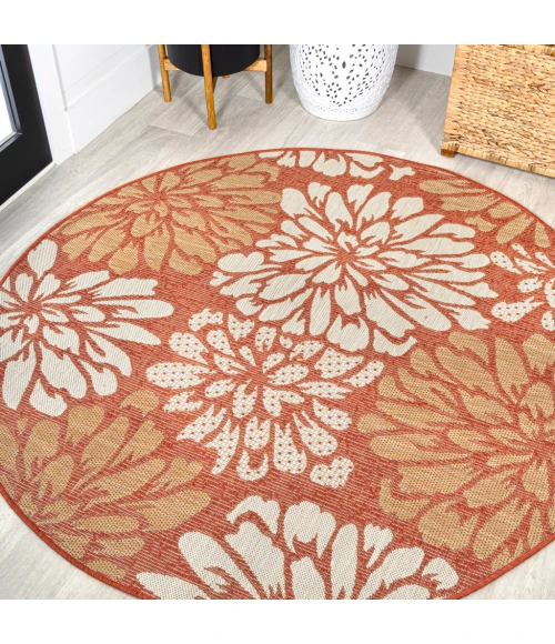 Zinnia Modern Floral Textured Weave Orange/Cream 5' Round Indoor/Outdoor Area Rug