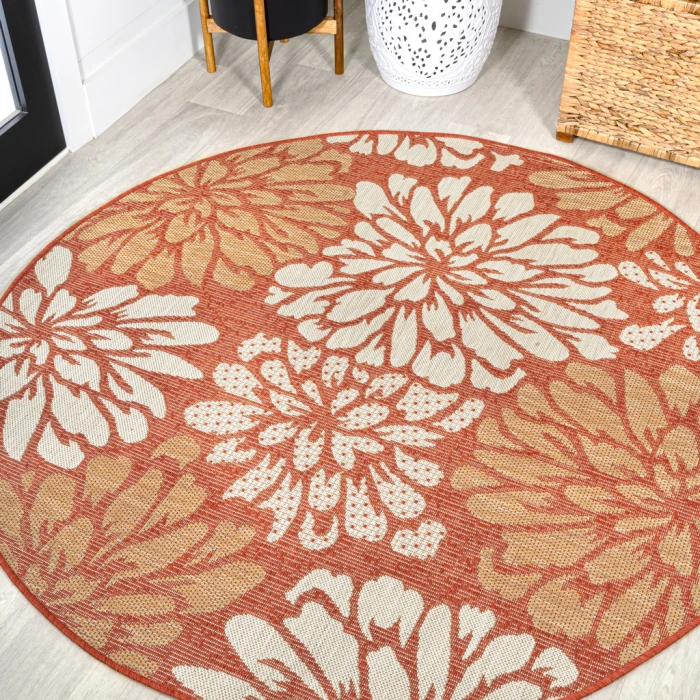 Zinnia Modern Floral Textured Weave Orange/Cream 5' Round Indoor/Outdoor Area Rug