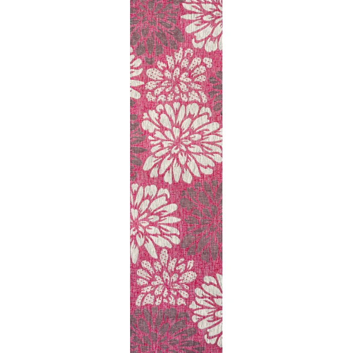 Zinnia Modern Floral Textured Weave Fuchsia/Light Gray 2 ft. x 8 ft. Indoor/Outdoor Runner Rug