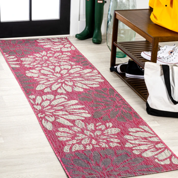 Zinnia Modern Floral Textured Weave Fuchsia/Light Gray 2 ft. x 8 ft. Indoor/Outdoor Runner Rug