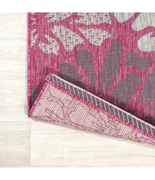 Zinnia Modern Floral Textured Weave Fuchsia/Light Gray 2 ft. x 10 ft. Indoor/Outdoor Runner Rug
