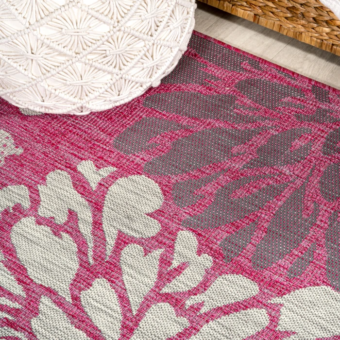 Zinnia Modern Floral Textured Weave Fuchsia/Light Gray 2 ft. x 8 ft. Indoor/Outdoor Runner Rug