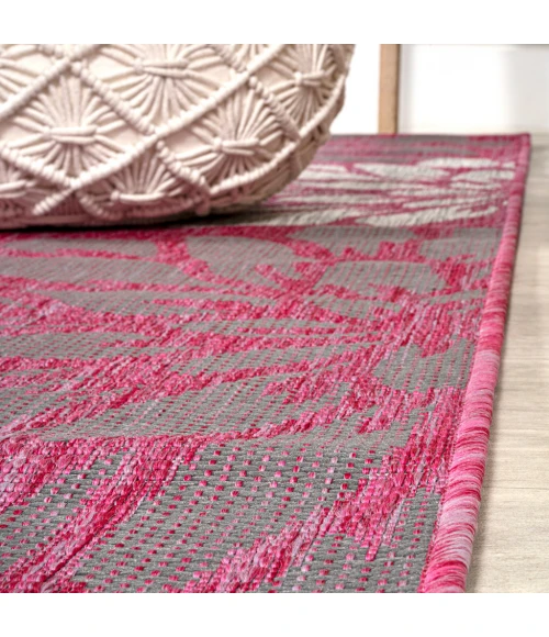 Zinnia Modern Floral Textured Weave Fuchsia/Light Gray 2 ft. x 10 ft. Indoor/Outdoor Runner Rug