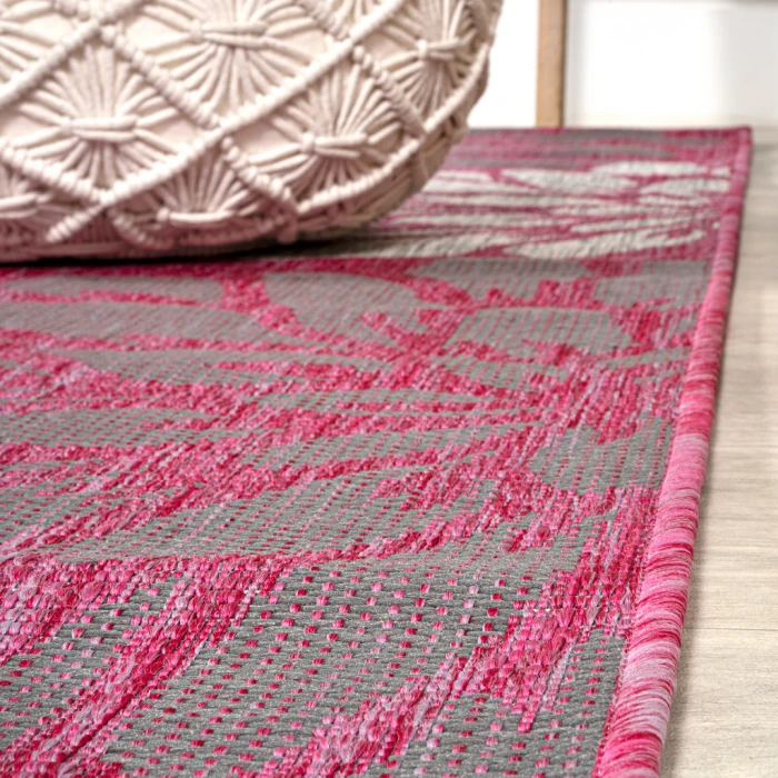 Zinnia Modern Floral Textured Weave Fuchsia/Light Gray 2 ft. x 8 ft. Indoor/Outdoor Runner Rug