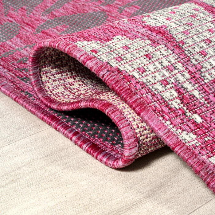 Zinnia Modern Floral Textured Weave Fuchsia/Light Gray 2 ft. x 8 ft. Indoor/Outdoor Runner Rug