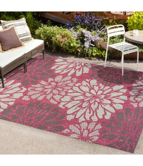 Zinnia Modern Floral Textured Weave Fuchsia/Light Gray 5 ft. x 8 ft. Indoor/Outdoor Area Rug