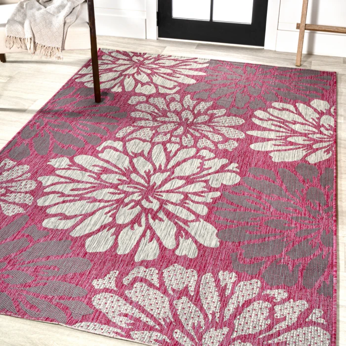 Zinnia Modern Floral Textured Weave Fuchsia/Light Gray 3 ft. x 5 ft. Indoor/Outdoor Area Rug