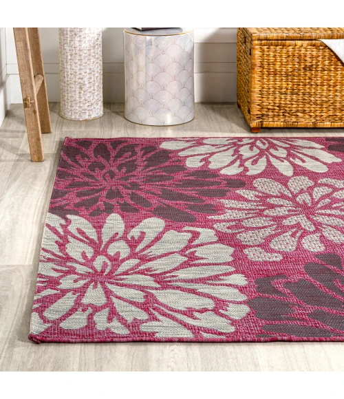 Zinnia Modern Floral Textured Weave Fuchsia/Light Gray 5 ft. x 8 ft. Indoor/Outdoor Area Rug