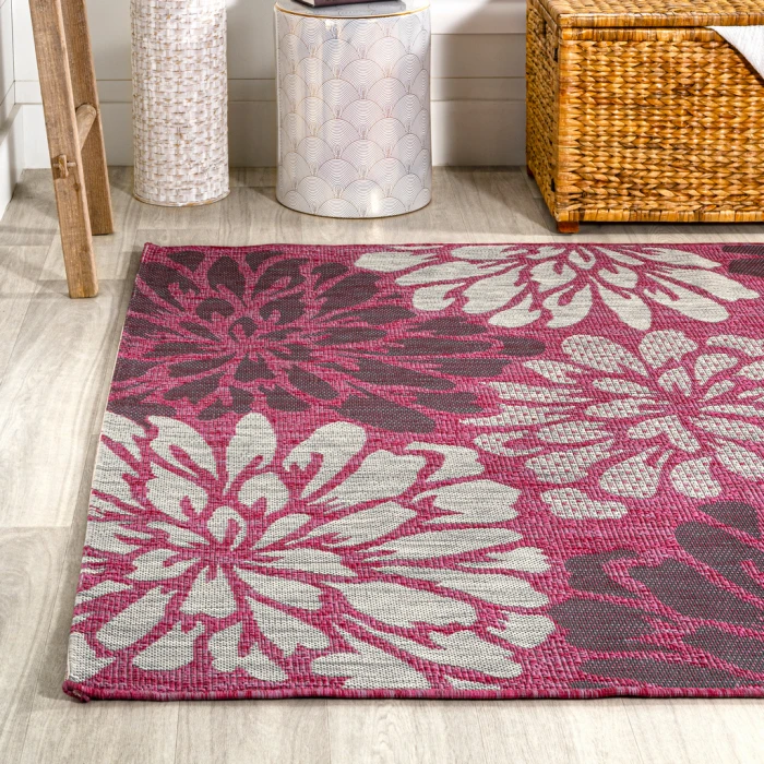 Zinnia Modern Floral Textured Weave Fuchsia/Light Gray 3 ft. x 5 ft. Indoor/Outdoor Area Rug
