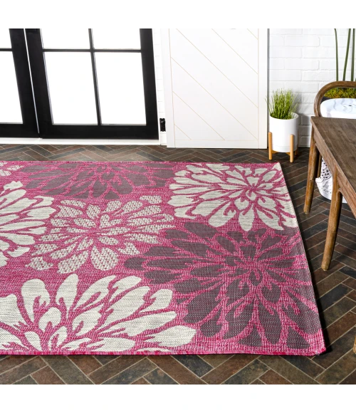 Zinnia Modern Floral Textured Weave Fuchsia/Light Gray 5 ft. x 8 ft. Indoor/Outdoor Area Rug
