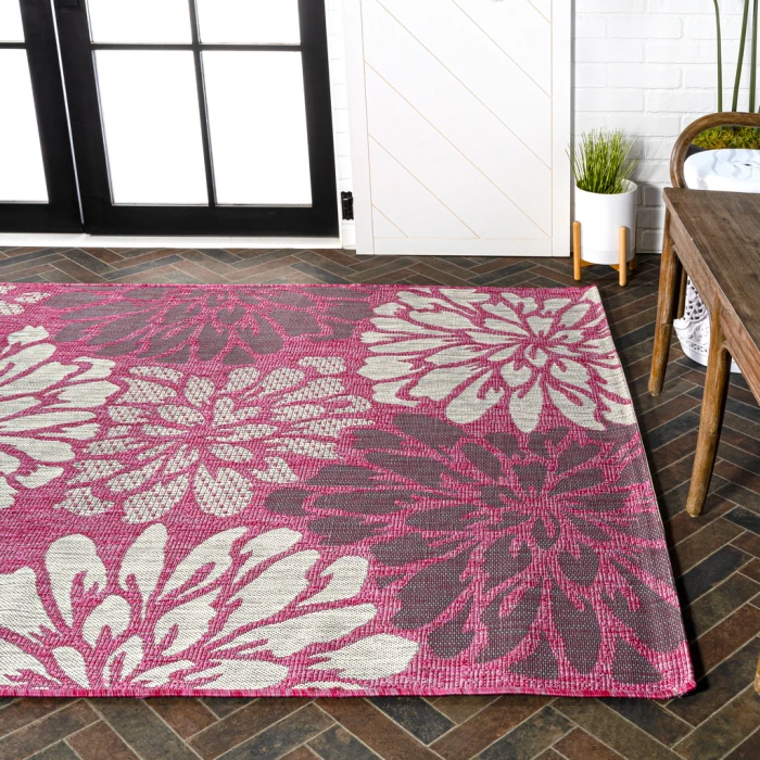 Zinnia Modern Floral Textured Weave Fuchsia/Light Gray 3 ft. x 5 ft. Indoor/Outdoor Area Rug