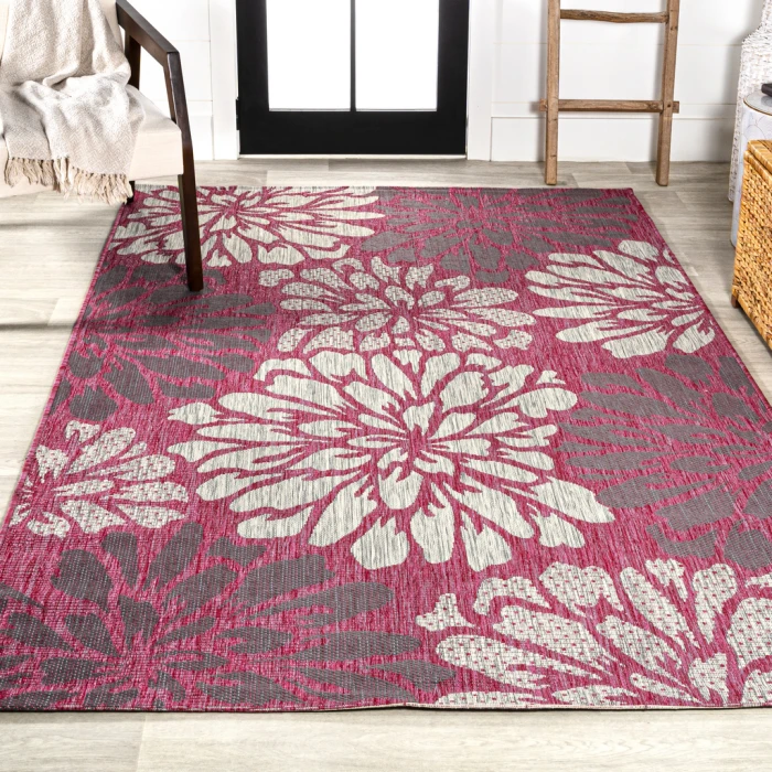 Zinnia Modern Floral Textured Weave Fuchsia/Light Gray 3 ft. x 5 ft. Indoor/Outdoor Area Rug