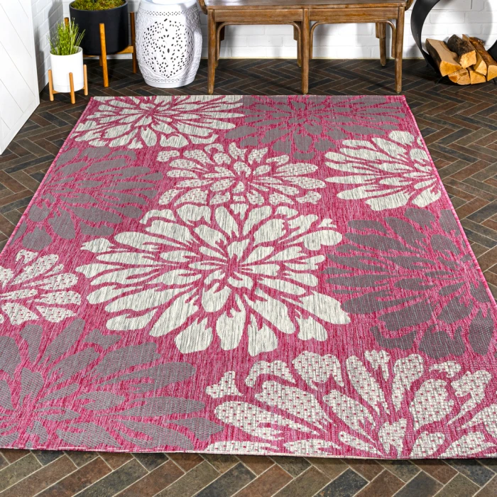 Zinnia Modern Floral Textured Weave Fuchsia/Light Gray 3 ft. x 5 ft. Indoor/Outdoor Area Rug