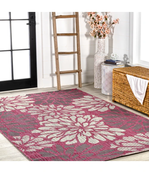 Zinnia Modern Floral Textured Weave Fuchsia/Light Gray 5 ft. x 8 ft. Indoor/Outdoor Area Rug