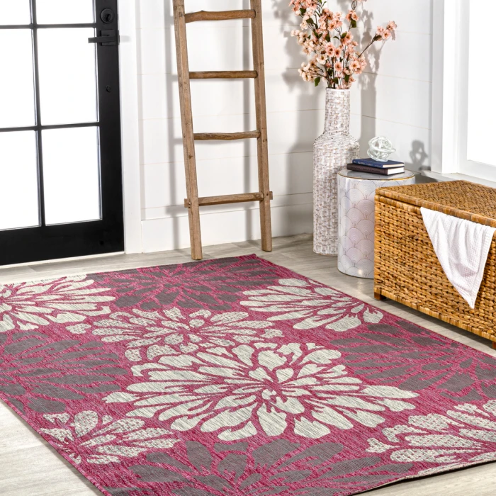 Zinnia Modern Floral Textured Weave Fuchsia/Light Gray 3 ft. x 5 ft. Indoor/Outdoor Area Rug
