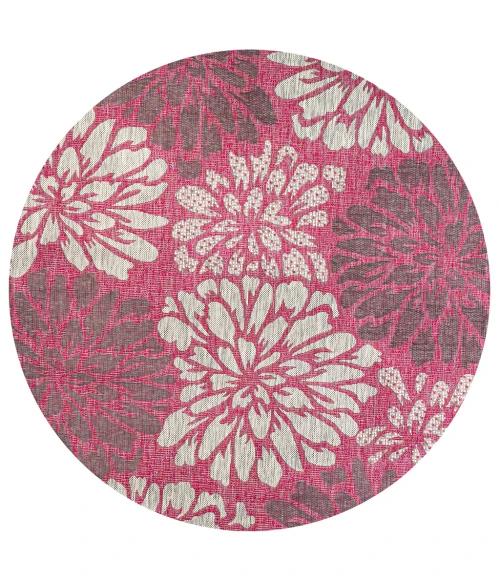 Zinnia Modern Floral Textured Weave Fuchsia/Light Gray 5' Round Indoor/Outdoor Area Rug