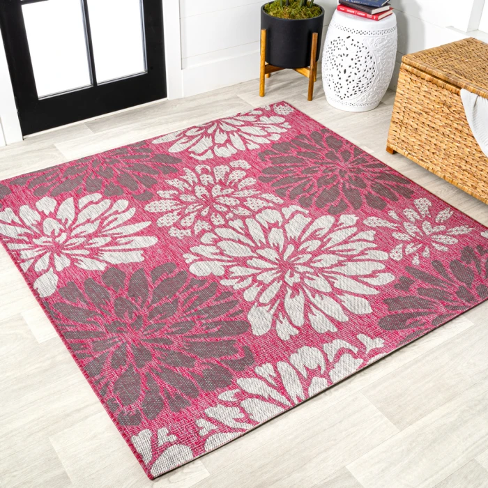 Zinnia Modern Floral Textured Weave Fuchsia/Light Gray 5' Square Indoor/Outdoor Area Rug