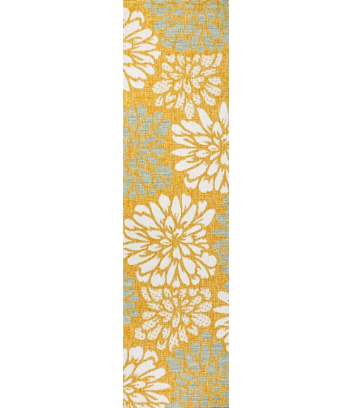 Zinnia Modern Floral Textured Weave Yellow/Cream 2 ft. x 10 ft. Indoor/Outdoor Runner Rug