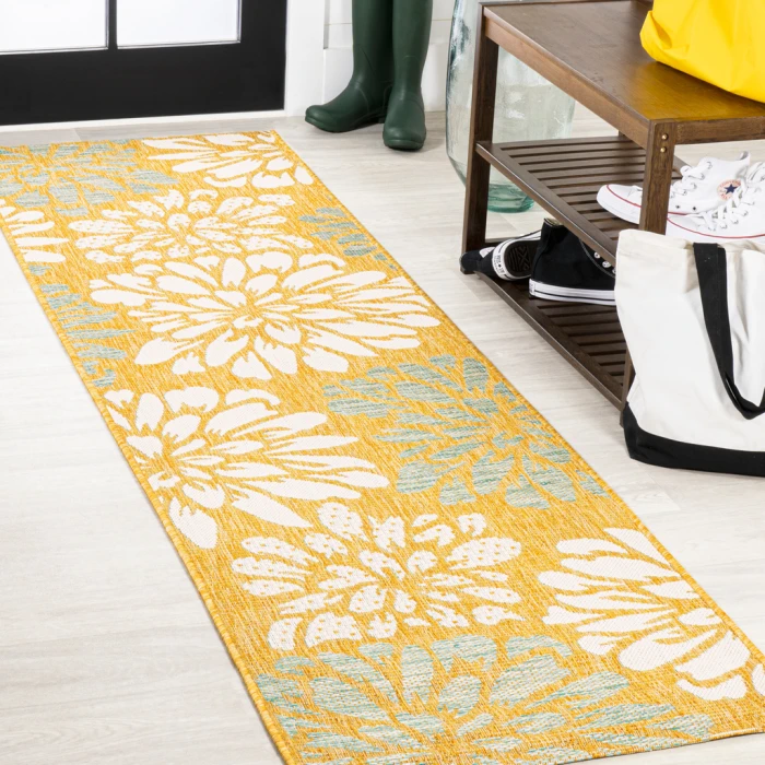 Zinnia Modern Floral Textured Weave Yellow/Cream 2 ft. x 10 ft. Indoor/Outdoor Runner Rug
