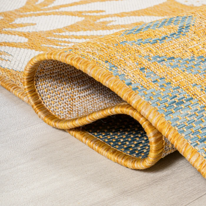 Zinnia Modern Floral Textured Weave Yellow/Cream 5' Round Indoor/Outdoor Area Rug