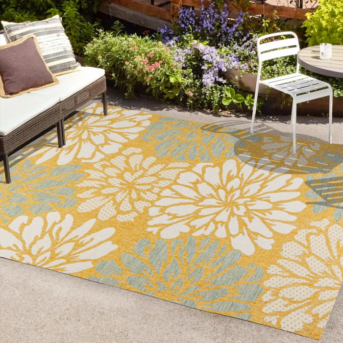 Zinnia Modern Floral Textured Weave Yellow/Cream 5 ft. x 8 ft. Indoor/Outdoor Area Rug