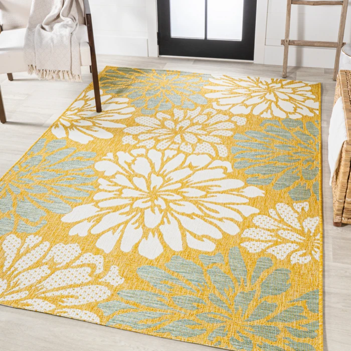 Zinnia Modern Floral Textured Weave Yellow/Cream 5 ft. x 8 ft. Indoor/Outdoor Area Rug