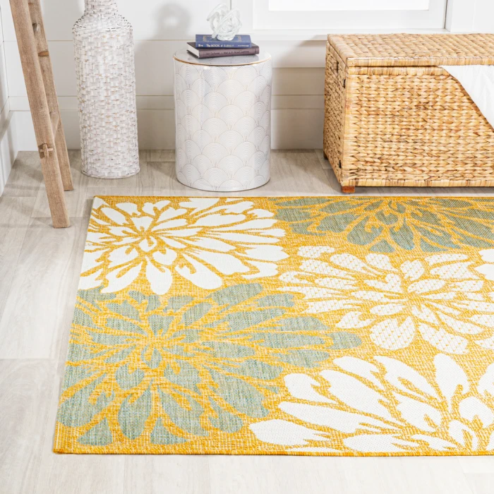 Zinnia Modern Floral Textured Weave Yellow/Cream 5 ft. x 8 ft. Indoor/Outdoor Area Rug