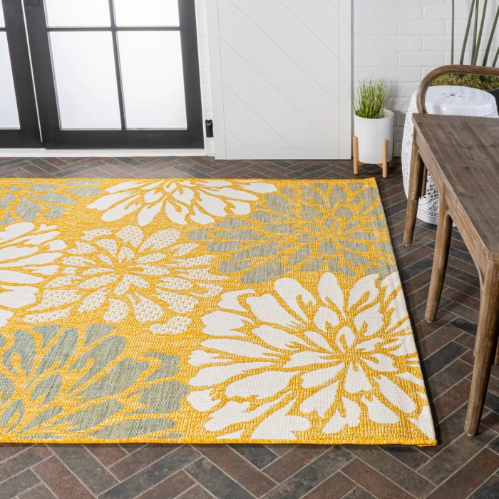 Zinnia Modern Floral Textured Weave Yellow/Cream 5 ft. x 8 ft. Indoor/Outdoor Area Rug