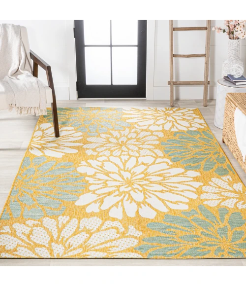 Zinnia Modern Floral Textured Weave Yellow/Cream 9 ft. x 12 ft. Indoor/Outdoor Area Rug