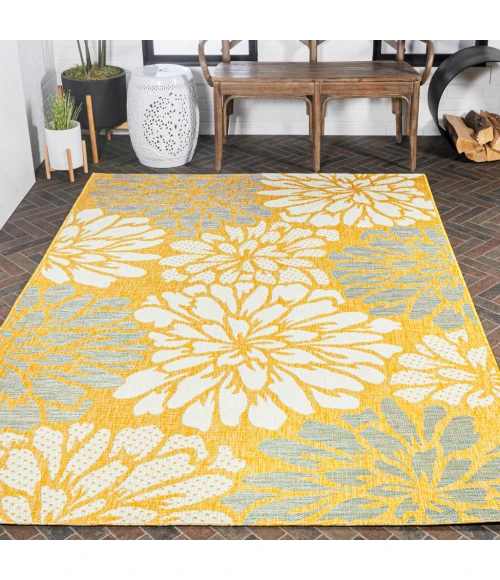 Zinnia Modern Floral Textured Weave Yellow/Cream 9 ft. x 12 ft. Indoor/Outdoor Area Rug