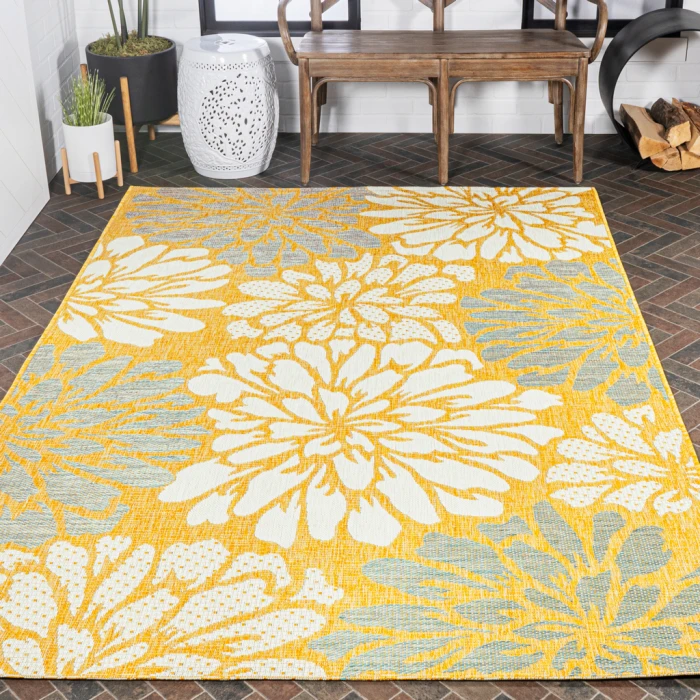 Zinnia Modern Floral Textured Weave Yellow/Cream 5 ft. x 8 ft. Indoor/Outdoor Area Rug