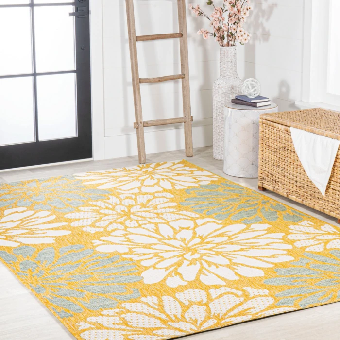 Zinnia Modern Floral Textured Weave Yellow/Cream 5 ft. x 8 ft. Indoor/Outdoor Area Rug