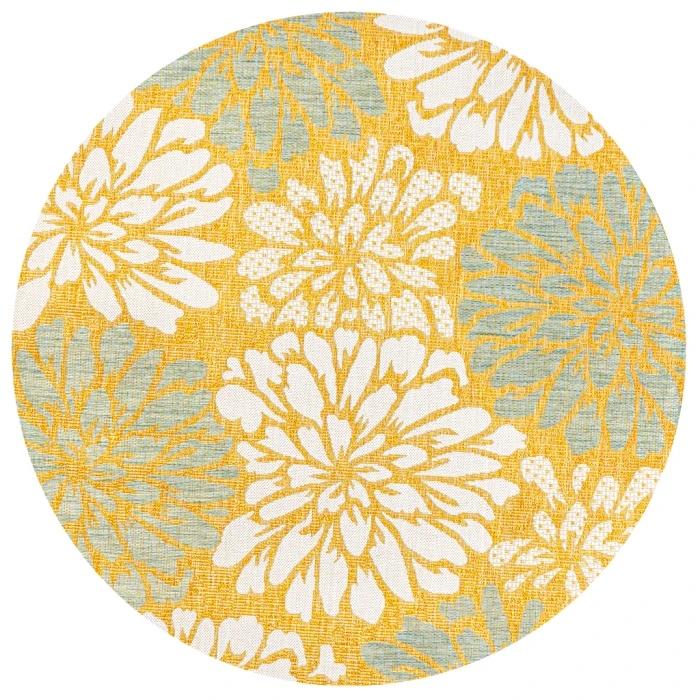 Zinnia Modern Floral Textured Weave Yellow/Cream 5' Round Indoor/Outdoor Area Rug
