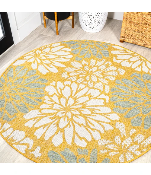 Zinnia Modern Floral Textured Weave Yellow/Cream 5' Round Indoor/Outdoor Area Rug