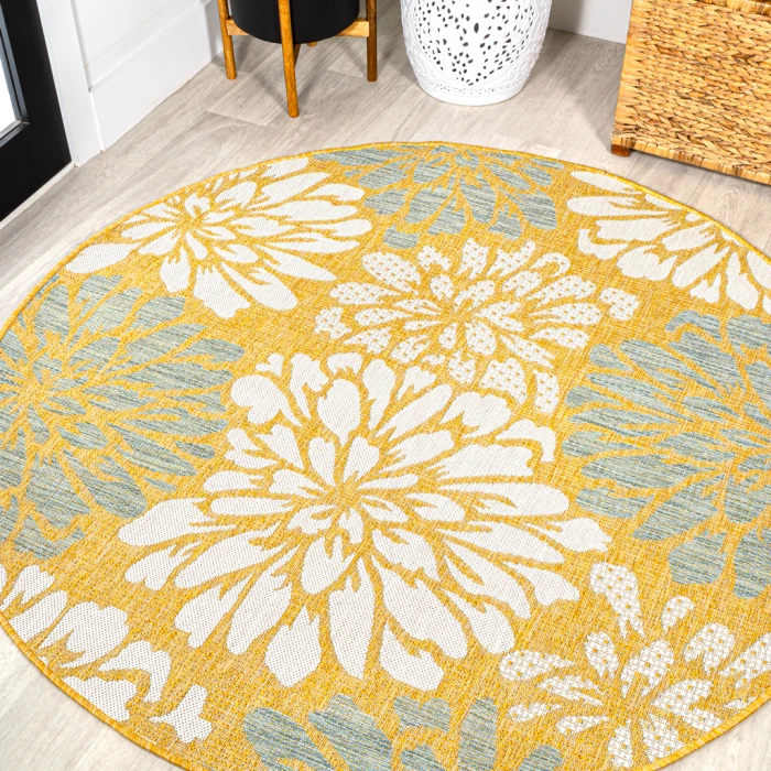 Zinnia Modern Floral Textured Weave Yellow/Cream 5' Round Indoor/Outdoor Area Rug